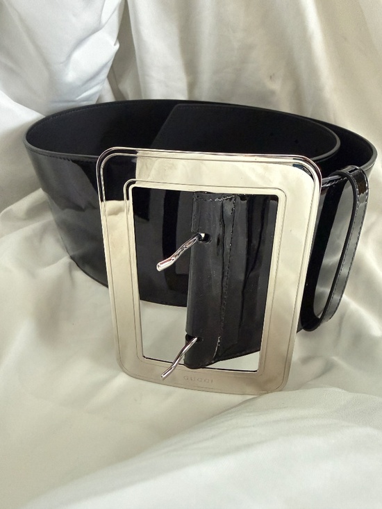 Gucci Super Wide Patent Leather Black Belt Rectangular Silver Belt Buckle main image 6